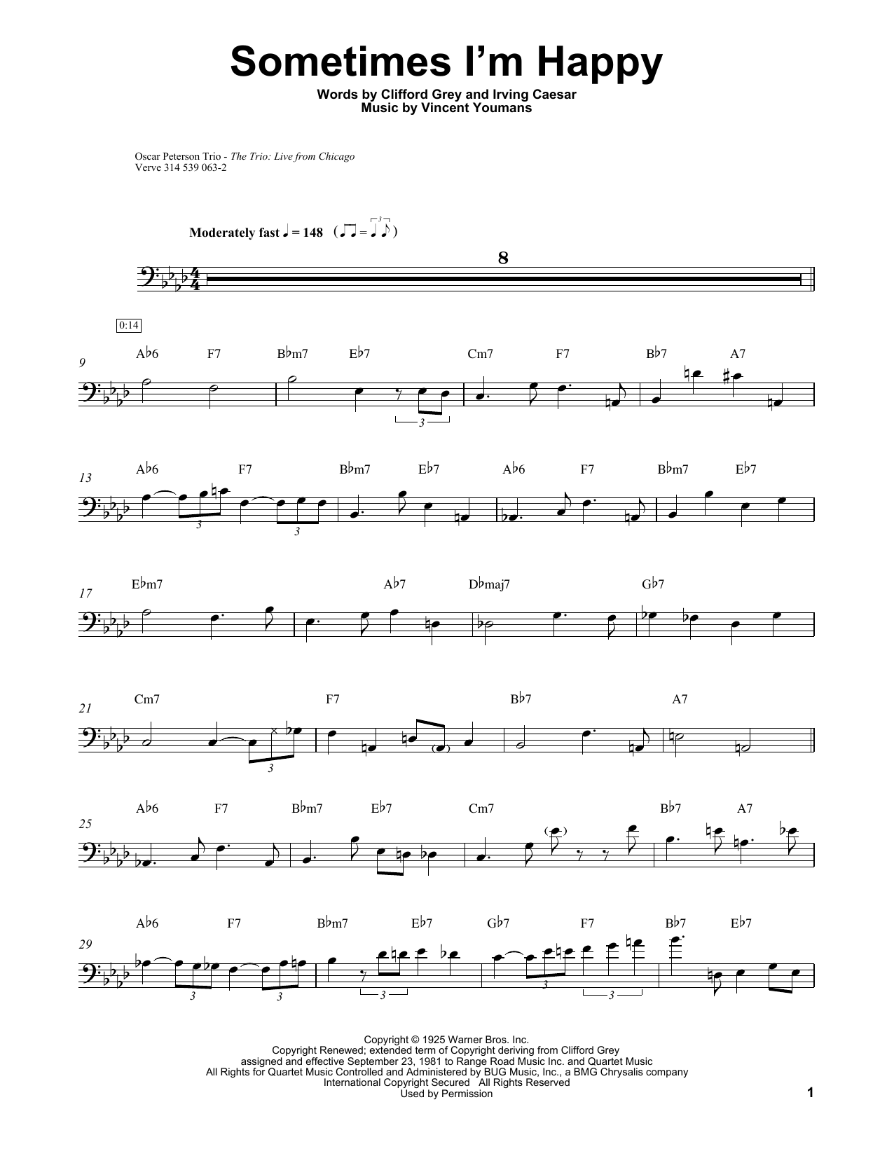 Ray Brown Sometimes I'm Happy sheet music notes and chords arranged for String Bass Transcription