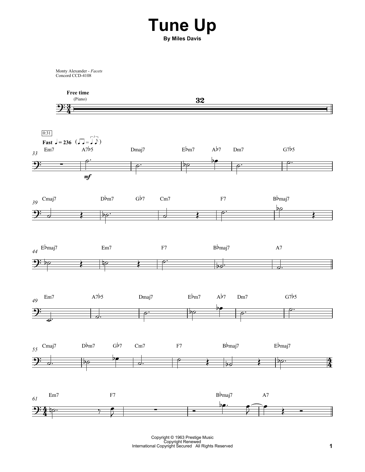Ray Brown Tune Up sheet music notes and chords arranged for String Bass Transcription