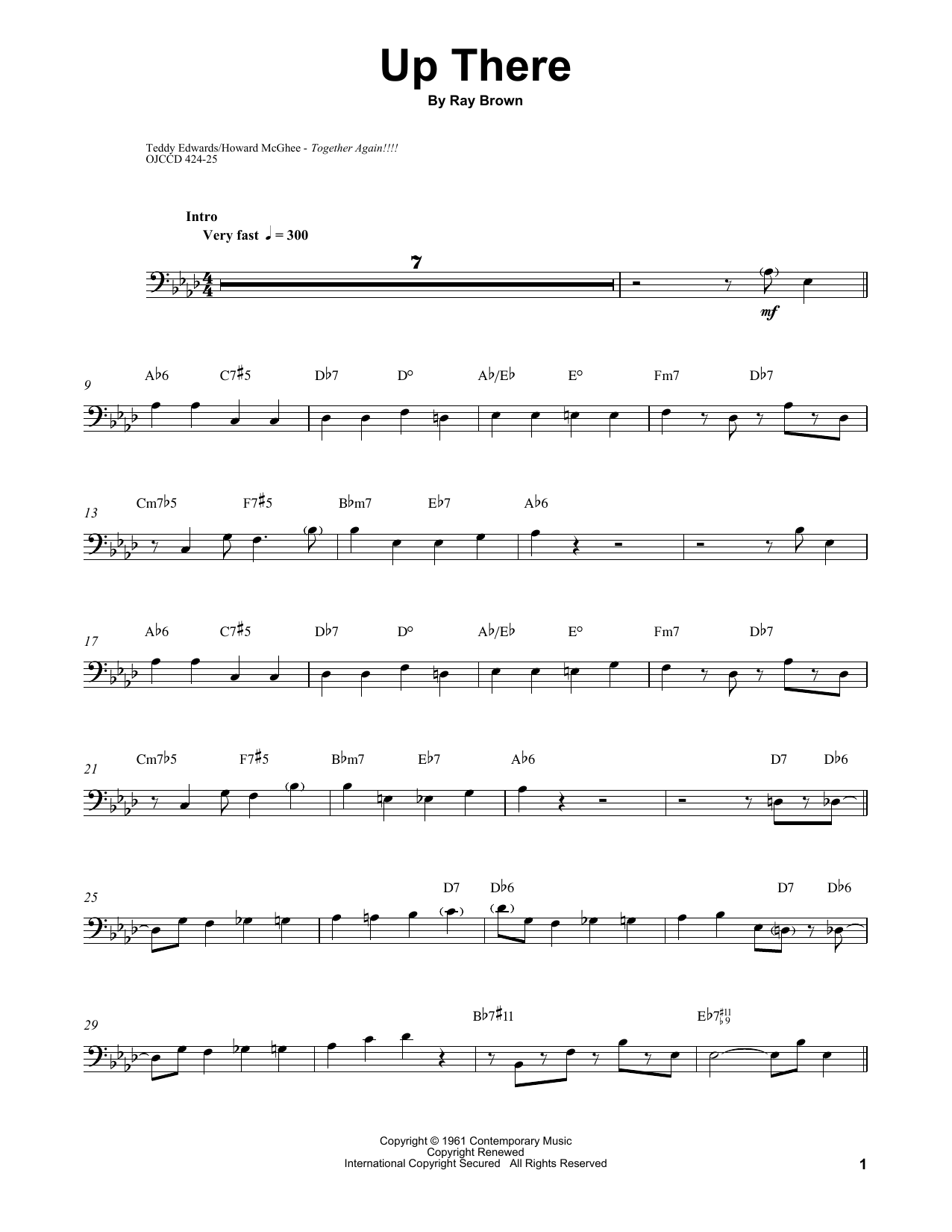 Ray Brown Up There sheet music notes and chords arranged for String Bass Transcription