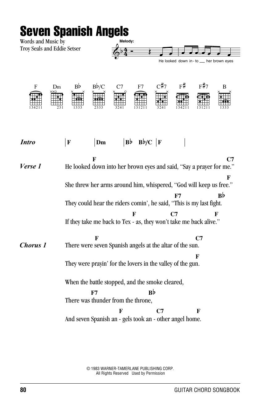 Willie Nelson Seven Spanish Angels sheet music notes and chords arranged for Guitar Chords/Lyrics