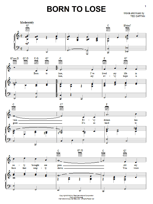 Ray Charles Born To Lose sheet music notes and chords arranged for Piano, Vocal & Guitar Chords (Right-Hand Melody)