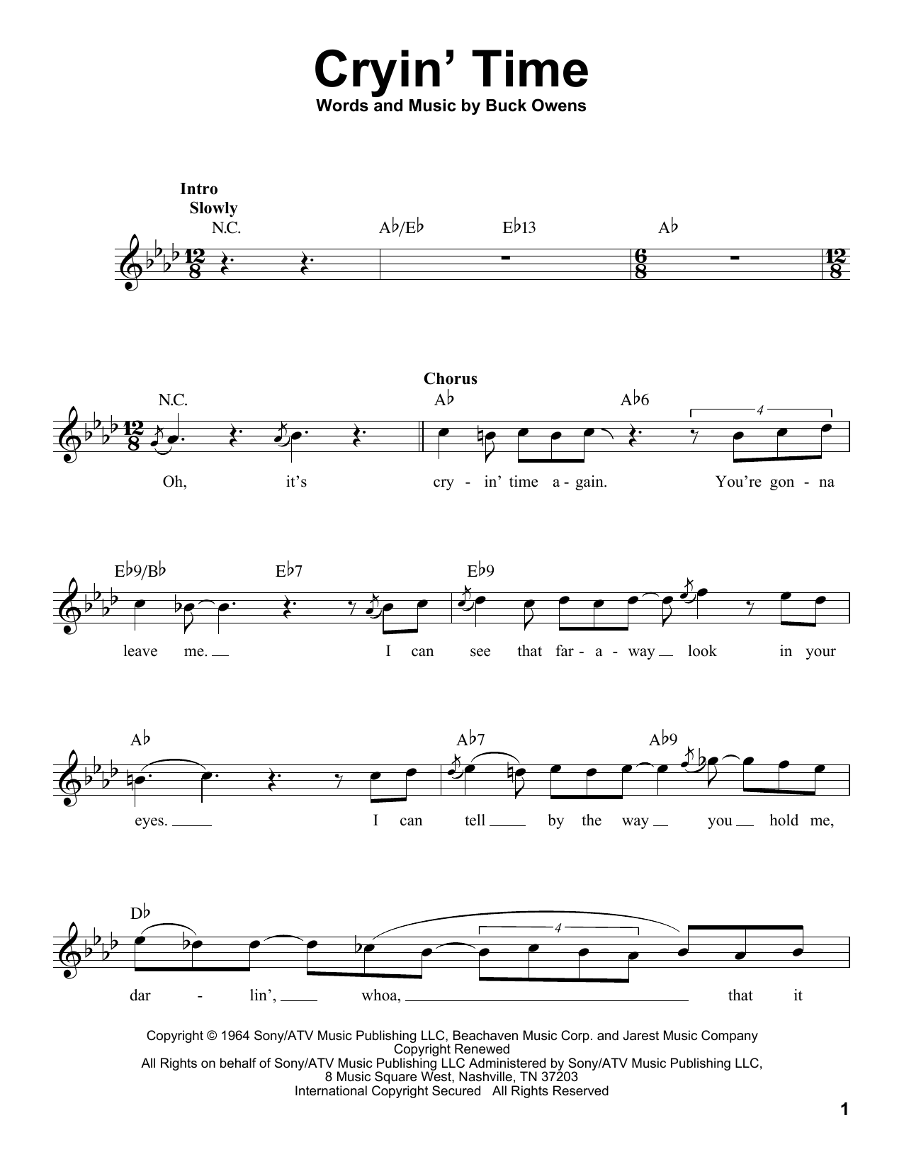 Ray Charles Cryin' Time sheet music notes and chords arranged for Pro Vocal