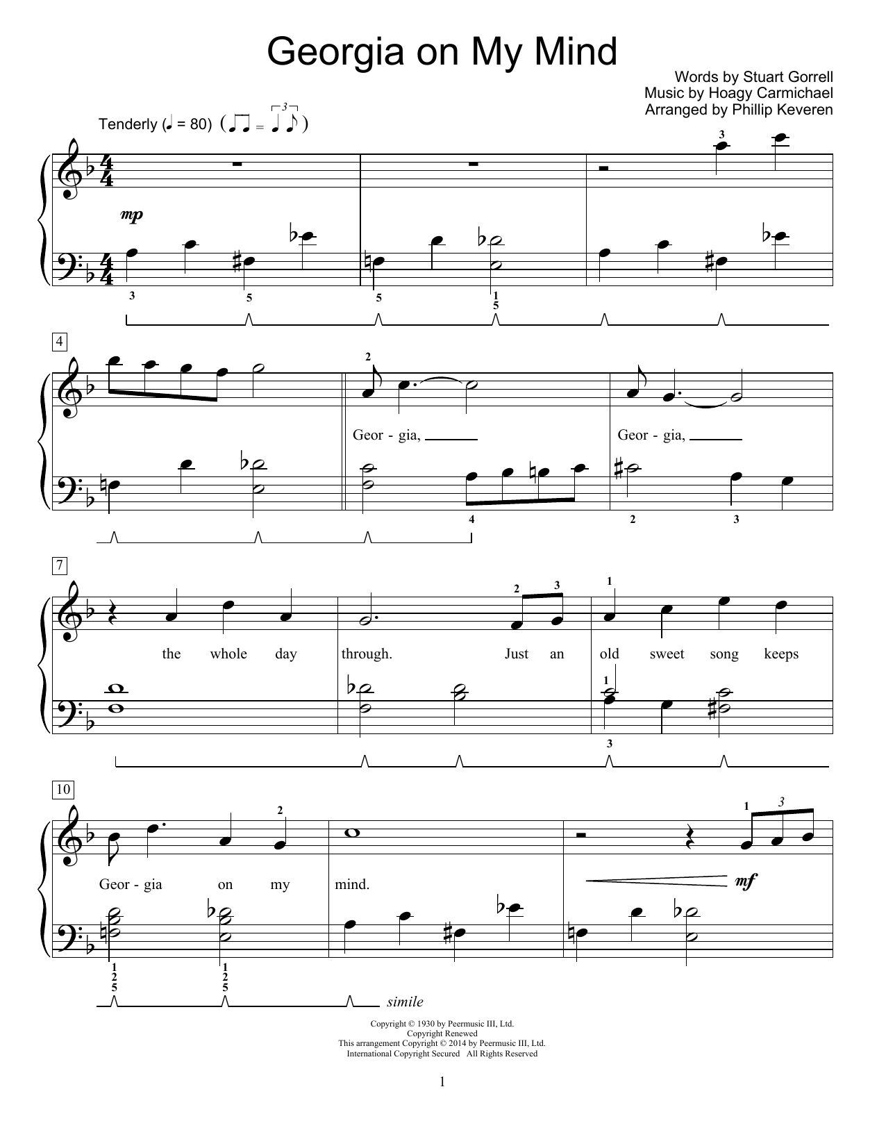 Ray Charles Georgia On My Mind (arr. Phillip Keveren) sheet music notes and chords arranged for Educational Piano