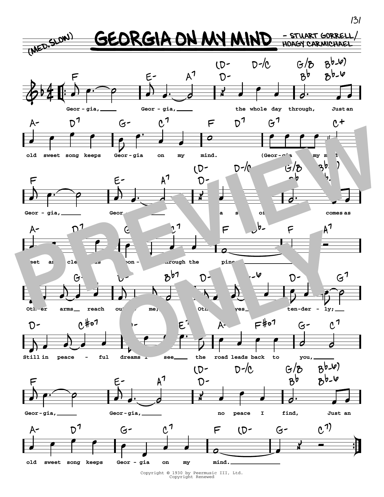 Ray Charles Georgia On My Mind (arr. Robert Rawlins) sheet music notes and chords arranged for Real Book – Melody, Lyrics & Chords