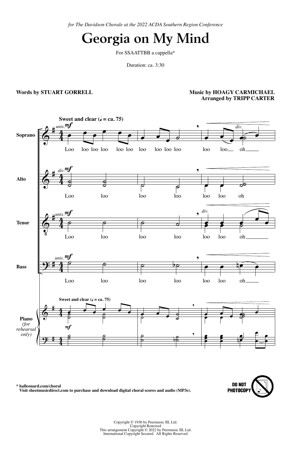 Ray Charles Georgia On My Mind (arr. Tripp Carter) sheet music notes and chords arranged for SSAATTBB Choir
