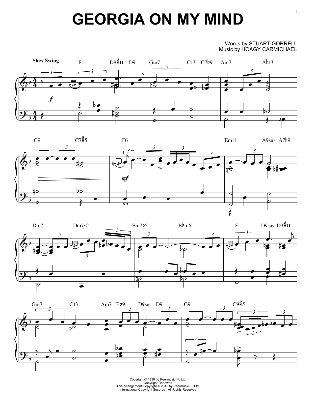 Ray Charles Georgia On My Mind [Jazz version] (arr. Brent Edstrom) sheet music notes and chords arranged for Piano Solo