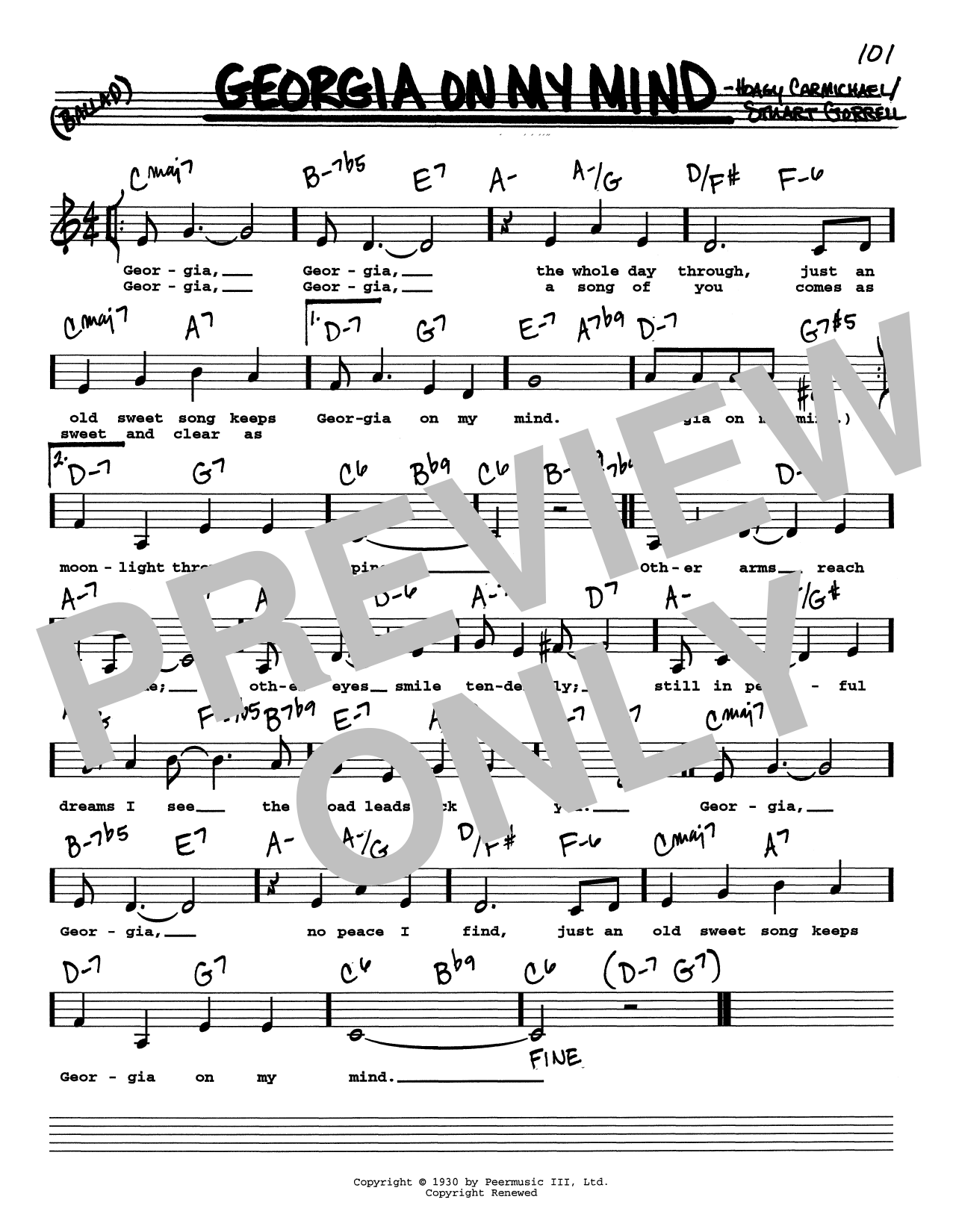 Ray Charles Georgia On My Mind (Low Voice) sheet music notes and chords arranged for Real Book – Melody, Lyrics & Chords
