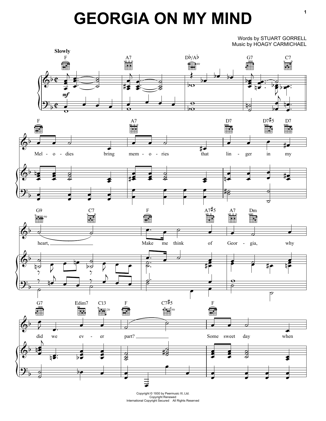 Ray Charles Georgia On My Mind sheet music notes and chords arranged for Piano Chords/Lyrics