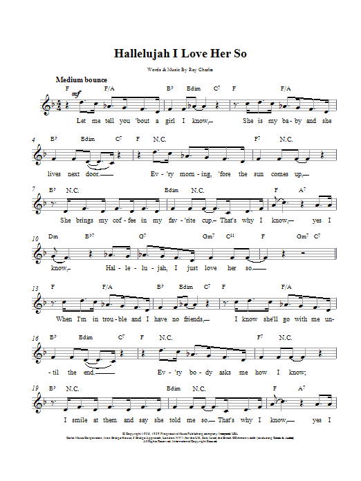 Ray Charles Hallelujah, I Love Her So sheet music notes and chords arranged for Pro Vocal