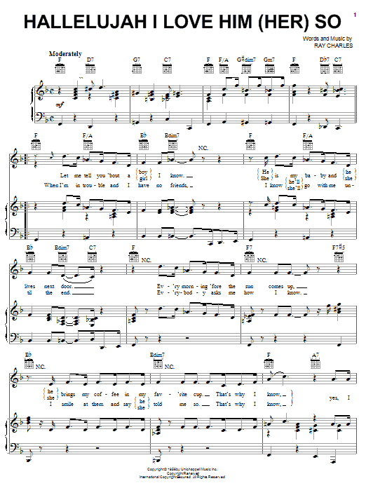 Ray Charles Hallelujah I Love Him (Her) So sheet music notes and chords arranged for Piano, Vocal & Guitar Chords (Right-Hand Melody)