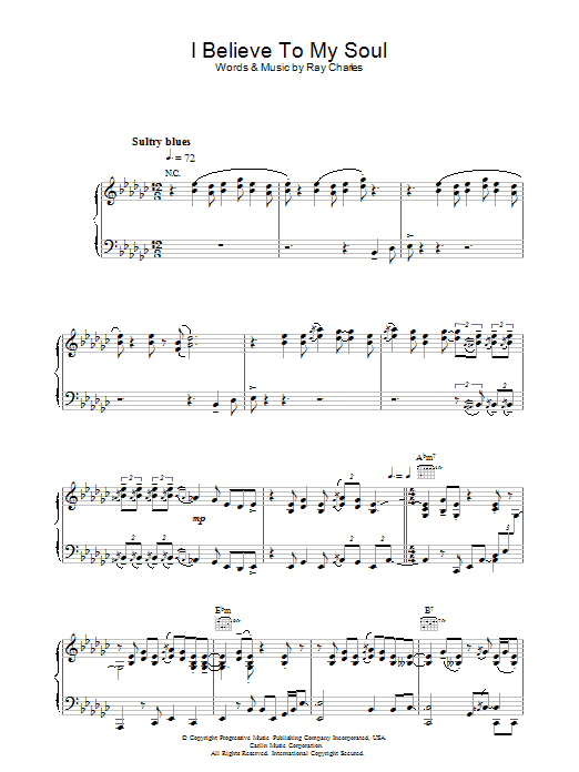 Ray Charles I Believe To My Soul sheet music notes and chords arranged for Piano Solo