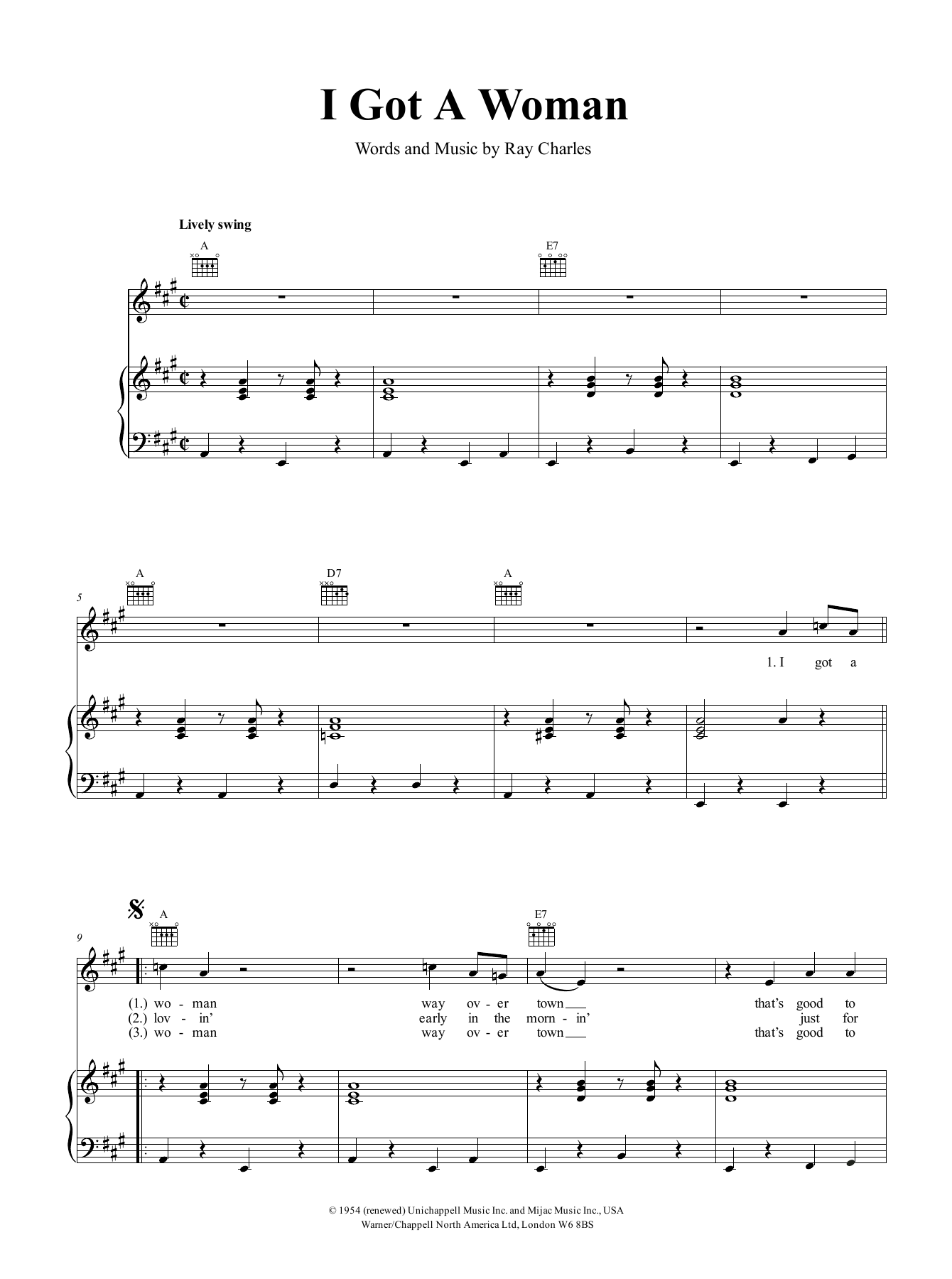 Ray Charles I Got A Woman sheet music notes and chords arranged for Piano, Vocal & Guitar Chords (Right-Hand Melody)