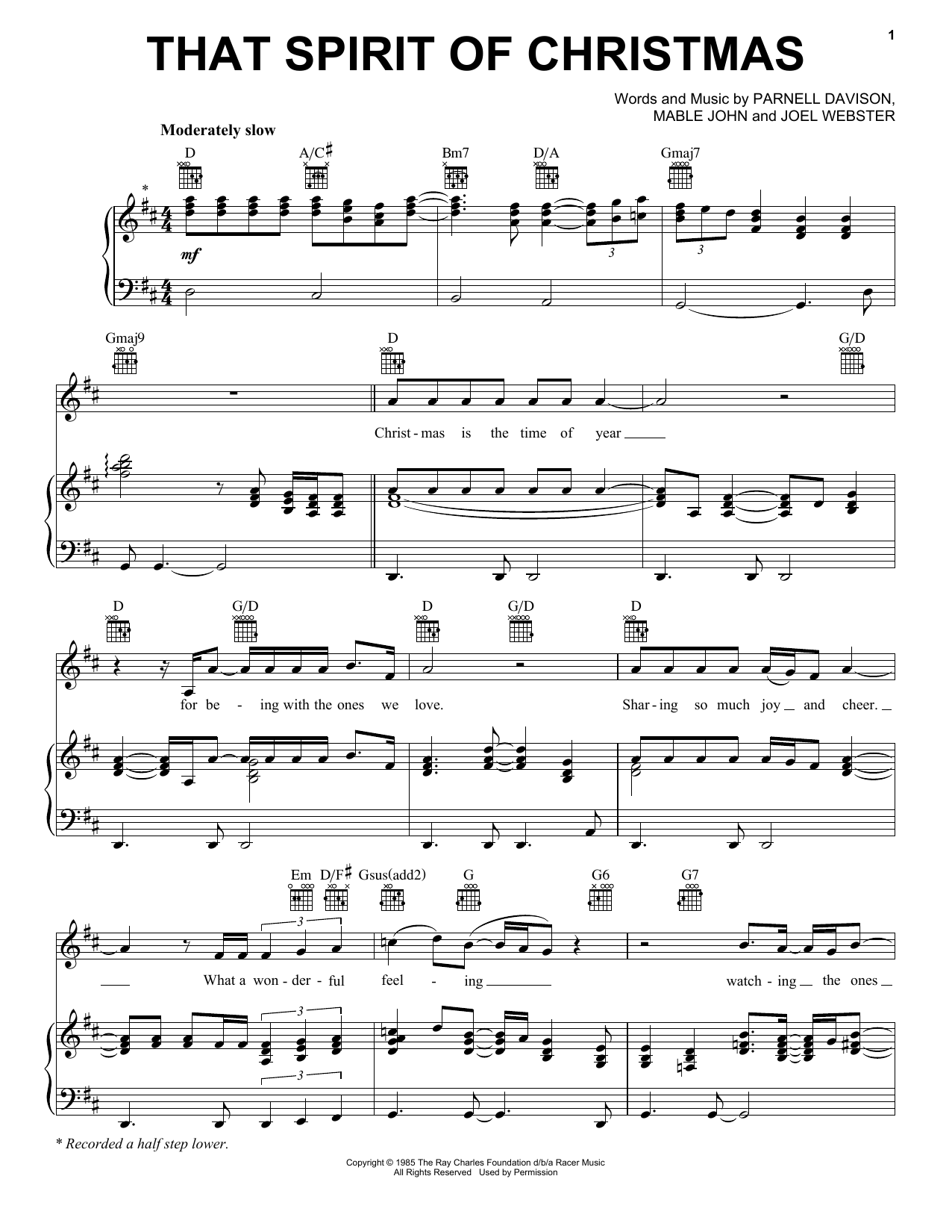 Ray Charles That Spirit Of Christmas sheet music notes and chords arranged for Piano, Vocal & Guitar Chords (Right-Hand Melody)