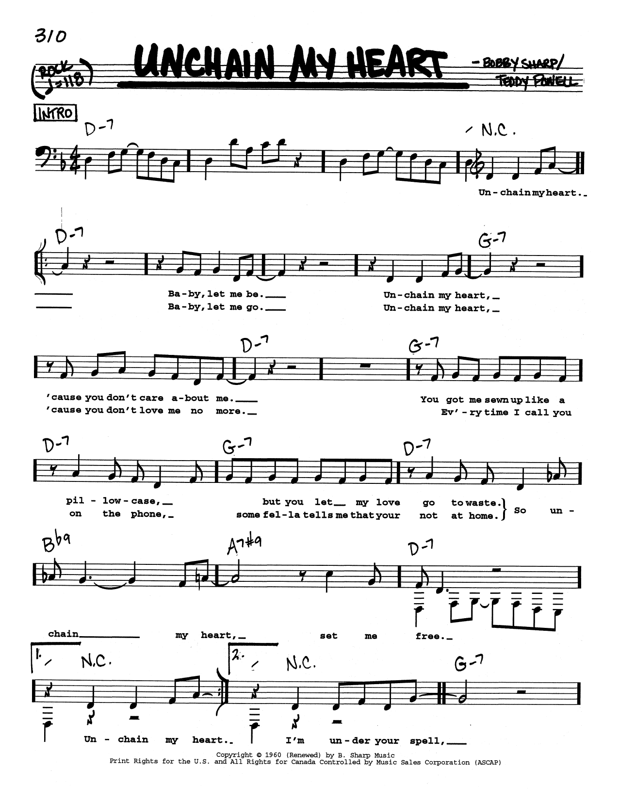 Ray Charles Unchain My Heart (Low Voice) sheet music notes and chords arranged for Real Book – Melody, Lyrics & Chords