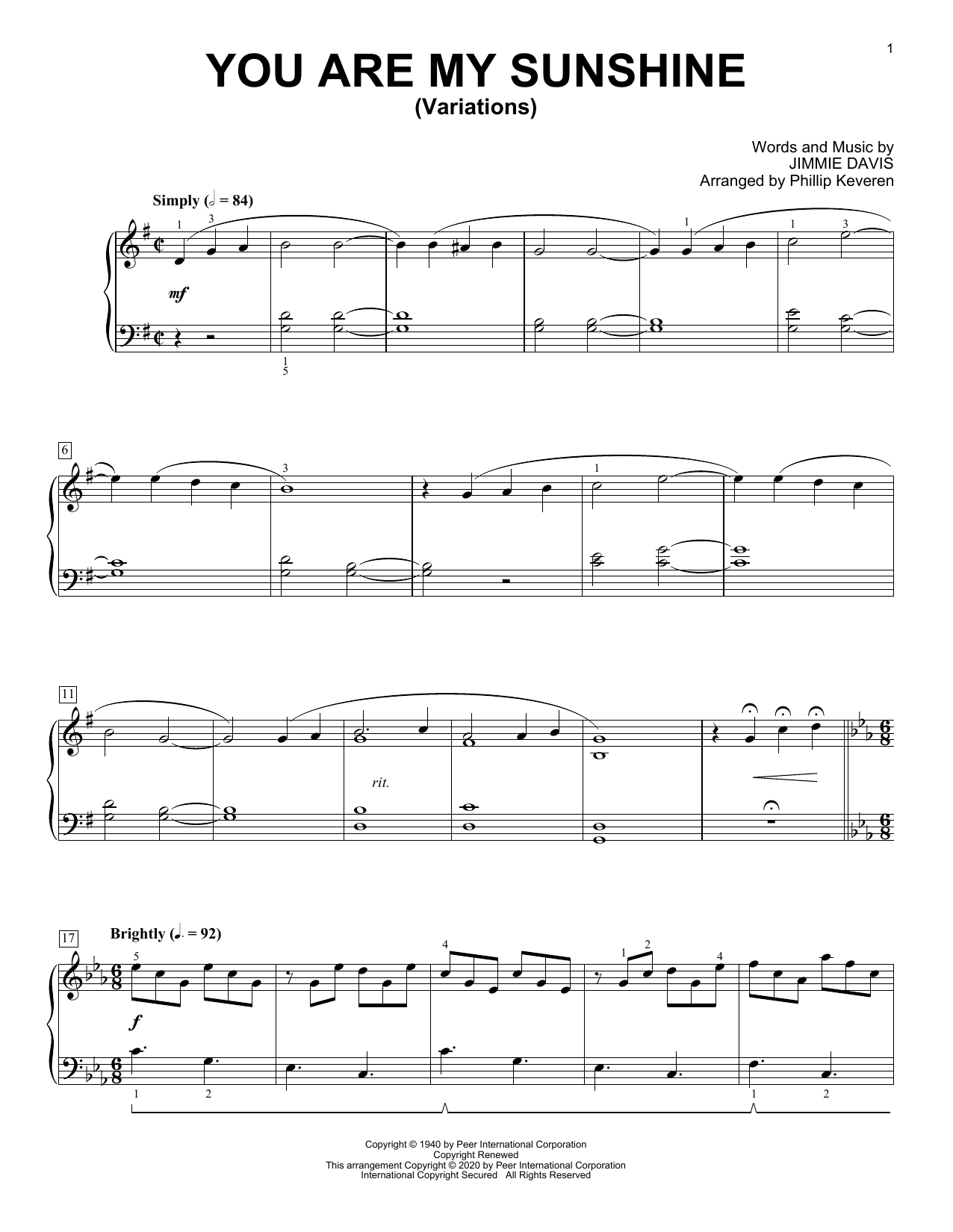 Ray Charles You Are My Sunshine [Classical version] (arr. Phillip Keveren) sheet music notes and chords arranged for Piano Solo