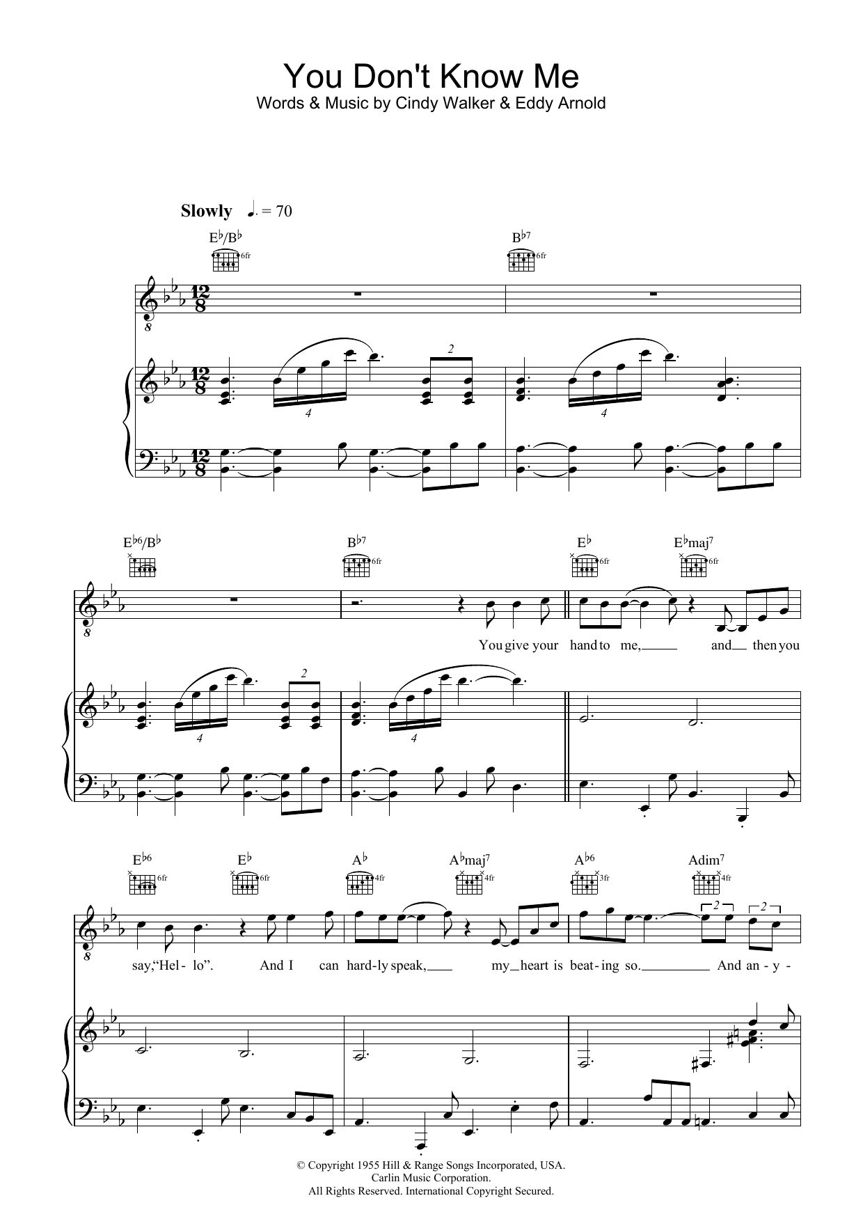 Ray Charles You Don't Know Me sheet music notes and chords arranged for Piano, Vocal & Guitar Chords (Right-Hand Melody)