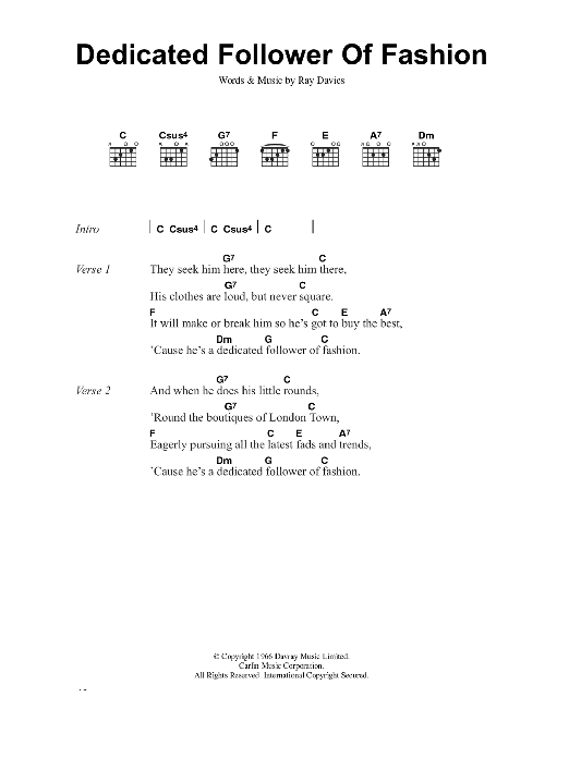 Ray Davies Dedicated Follower Of Fashion sheet music notes and chords arranged for Guitar Chords/Lyrics