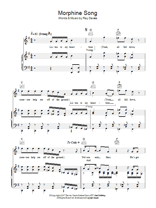 Ray Davies Morphine Song sheet music notes and chords arranged for Piano, Vocal & Guitar Chords