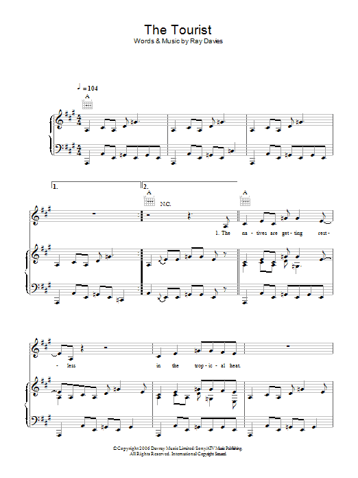 Ray Davies The Tourist sheet music notes and chords arranged for Piano, Vocal & Guitar Chords