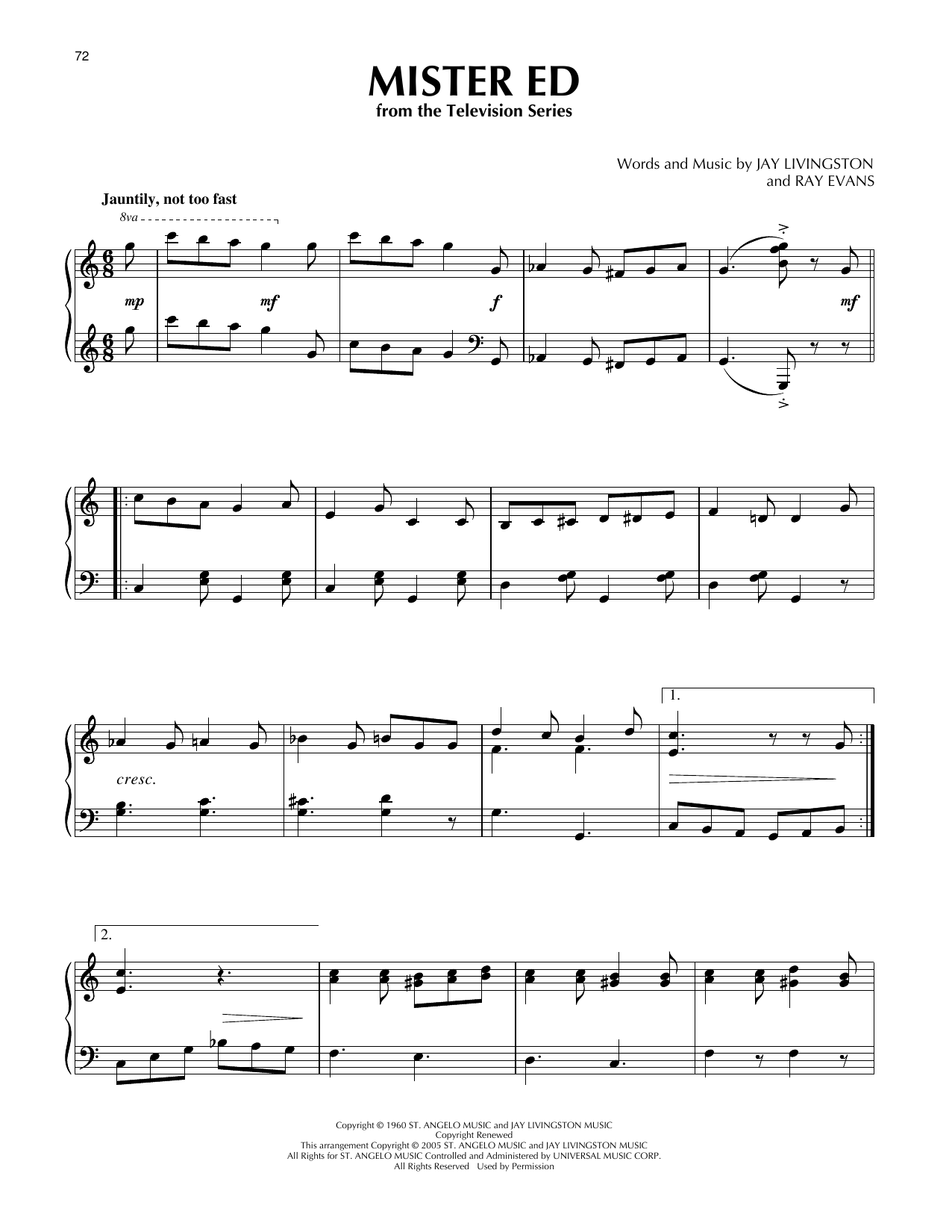 Ray Evans Mister Ed sheet music notes and chords arranged for Piano Solo