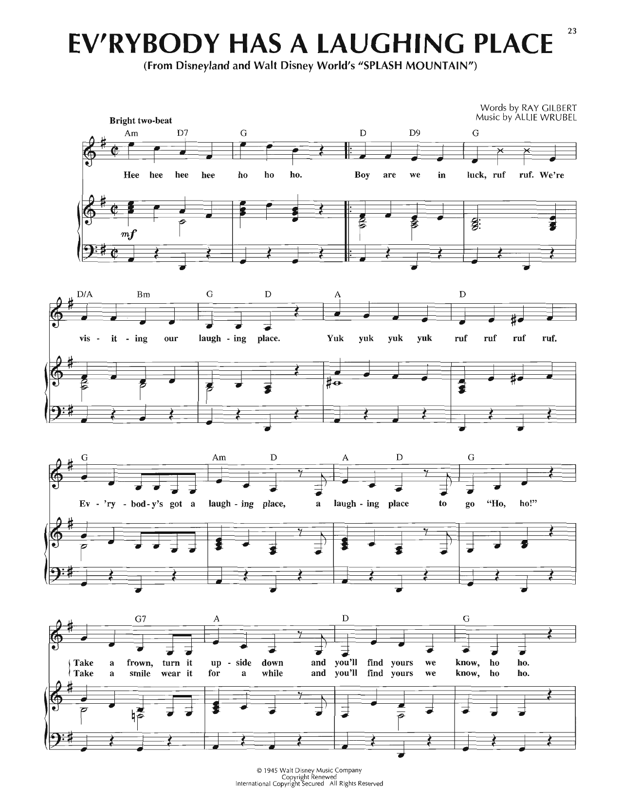 Ray Gilbert Ev'rybody Has A Laughing Place sheet music notes and chords arranged for Piano, Vocal & Guitar Chords (Right-Hand Melody)