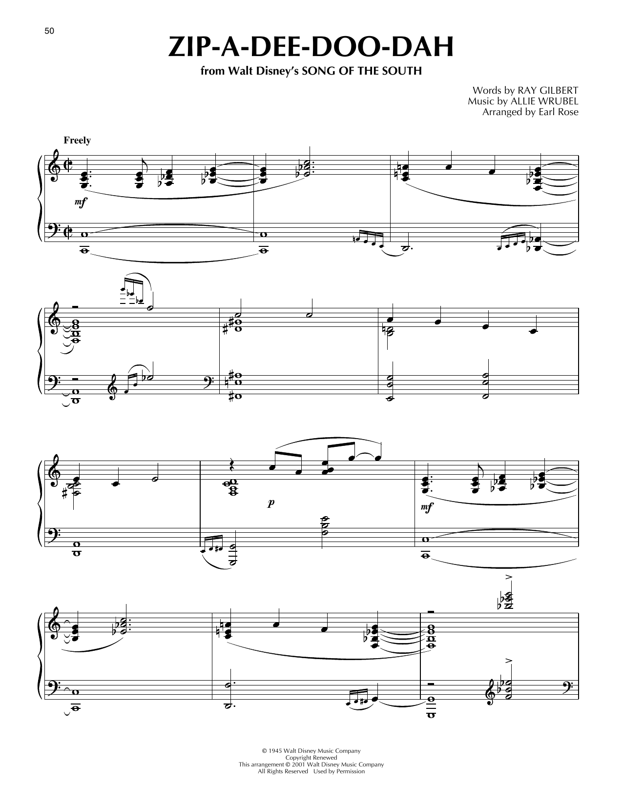 Ray Gilbert Zip-A-Dee-Doo-Dah (from Song Of The South) (arr. Earl Rose) sheet music notes and chords arranged for Piano Solo