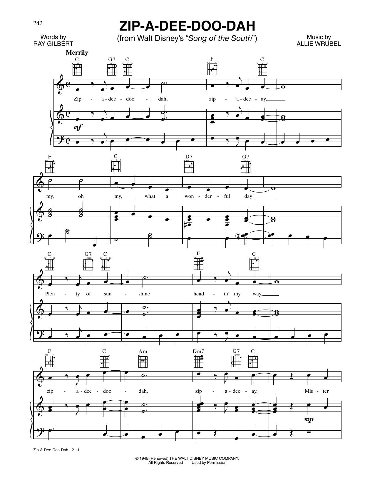 Ray Gilbert Zip-A-Dee-Doo-Dah sheet music notes and chords arranged for Piano, Vocal & Guitar Chords (Right-Hand Melody)