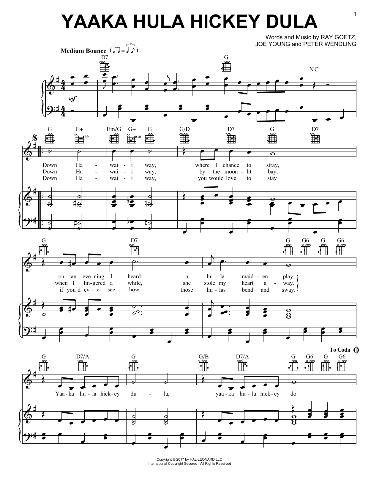 Ray Goetz Yaaka Hula Hickey Dula sheet music notes and chords arranged for Piano, Vocal & Guitar Chords (Right-Hand Melody)