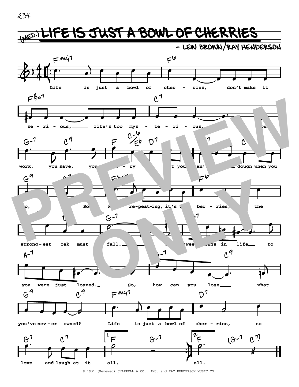 Ray Henderson and Lew Brown Life Is Just A Bowl Of Cherries (High Voice) (from George White's Scandals) sheet music notes and chords arranged for Real Book – Melody, Lyrics & Chords