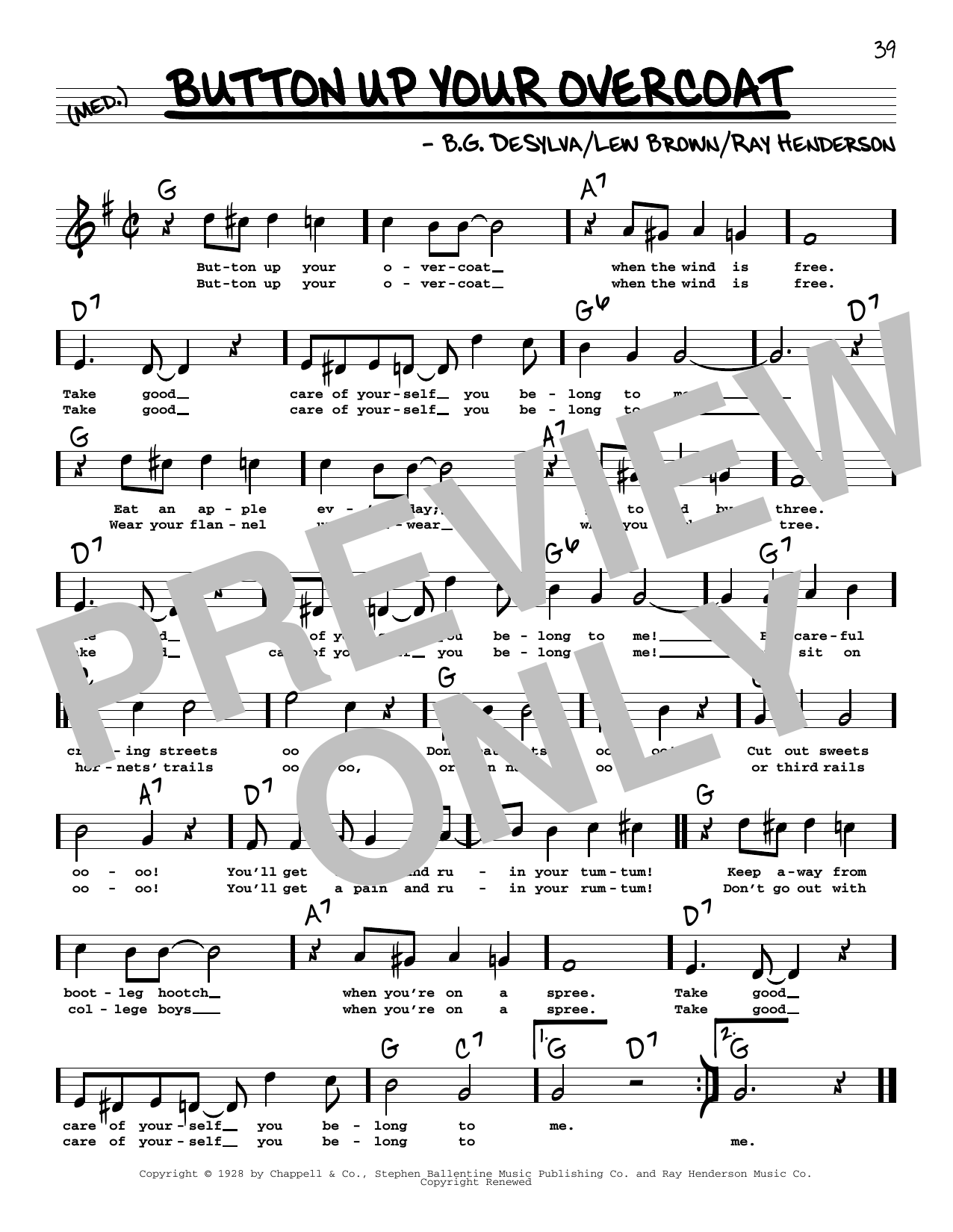 Ray Henderson Button Up Your Overcoat (High Voice) (from Follow Thru) sheet music notes and chords arranged for Real Book – Melody, Lyrics & Chords