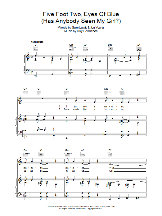 Ray Henderson Five Foot Two, Eyes Of Blue (Has Anybody Seen My Girl?) sheet music notes and chords arranged for Ukulele