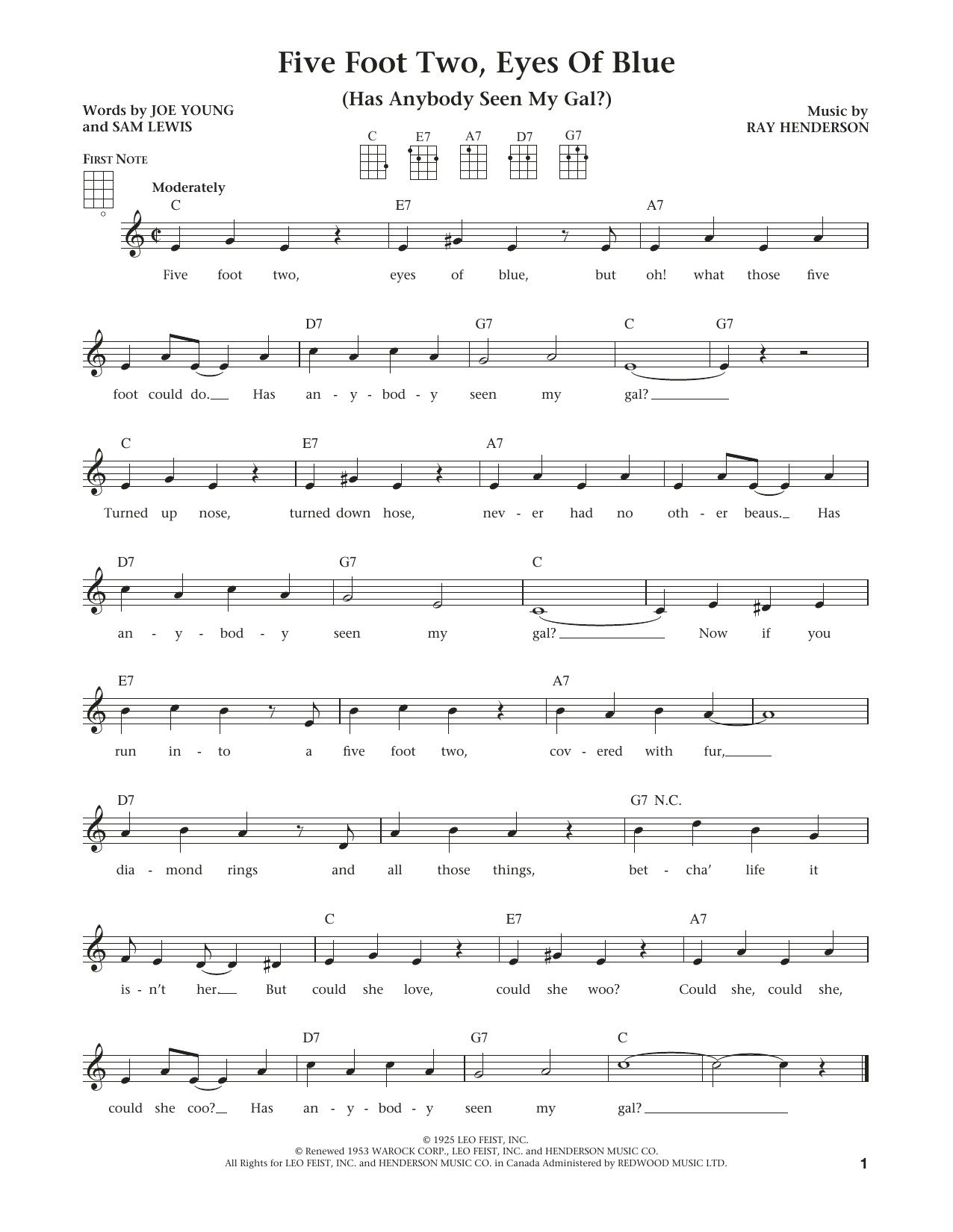 Ray Henderson Five Foot Two, Eyes Of Blue (Has Anybody Seen My Girl?) (The Daily Ukulele) (arr Liz and Jim Beloff) sheet music notes and chords arranged for Ukulele