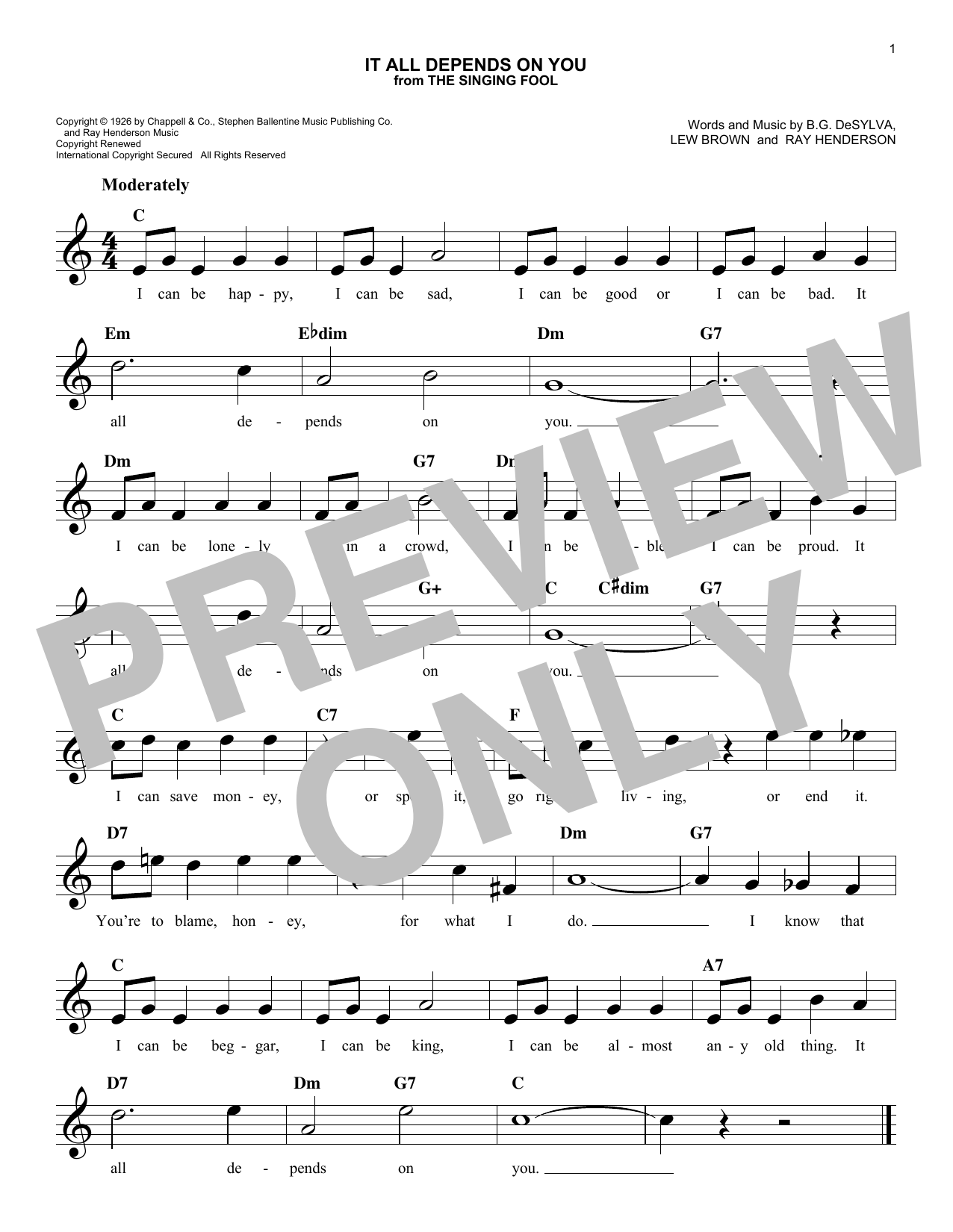 Ray Henderson It All Depends On You sheet music notes and chords arranged for Easy Lead Sheet / Fake Book