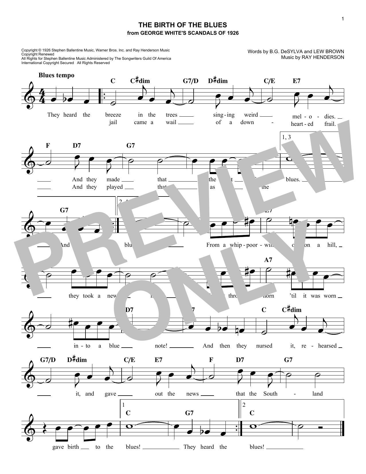 Ray Henderson The Birth Of The Blues sheet music notes and chords arranged for Easy Lead Sheet / Fake Book