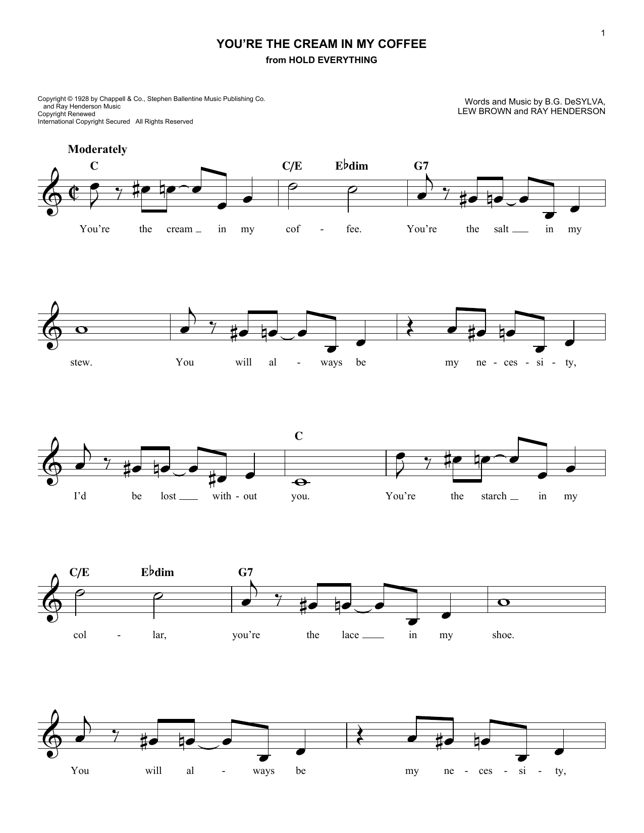 Ray Henderson You're The Cream In My Coffee sheet music notes and chords arranged for Lead Sheet / Fake Book