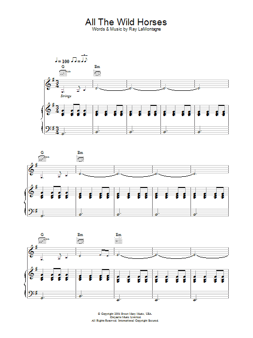 Ray LaMontagne All The Wild Horses sheet music notes and chords arranged for Piano, Vocal & Guitar Chords