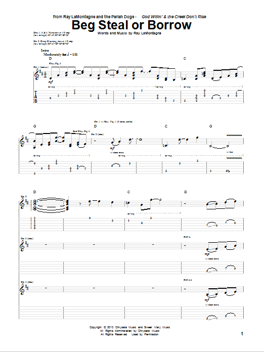 Ray LaMontagne and The Pariah Dogs Beg Steal Or Borrow sheet music notes and chords arranged for Piano, Vocal & Guitar Chords (Right-Hand Melody)