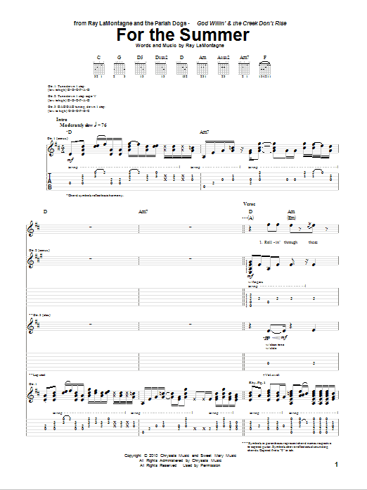 Ray LaMontagne and The Pariah Dogs For The Summer sheet music notes and chords arranged for Guitar Tab