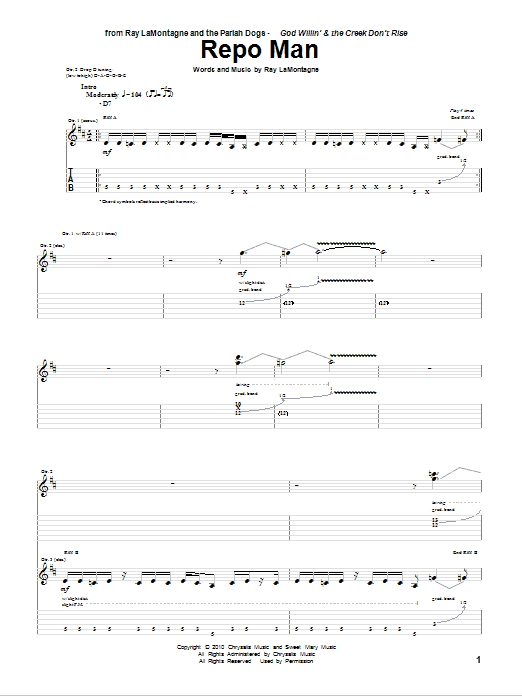 Ray LaMontagne and The Pariah Dogs Repo Man sheet music notes and chords arranged for Guitar Tab