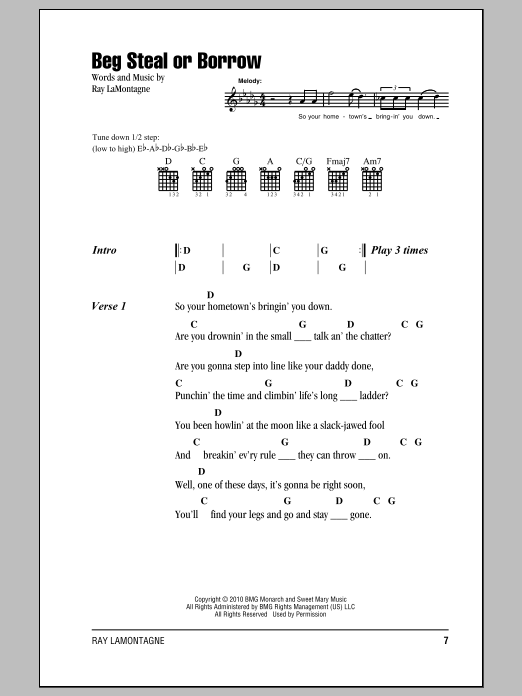 Ray LaMontagne Beg Steal Or Borrow sheet music notes and chords arranged for Guitar Chords/Lyrics