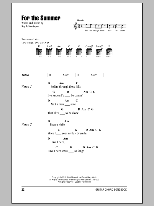 Ray LaMontagne For The Summer sheet music notes and chords arranged for Guitar Chords/Lyrics