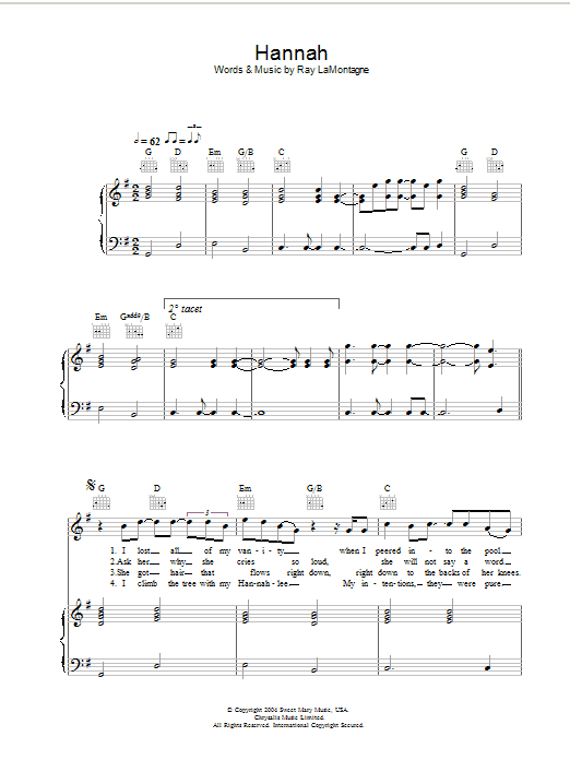 Ray LaMontagne Hannah sheet music notes and chords arranged for Piano, Vocal & Guitar Chords