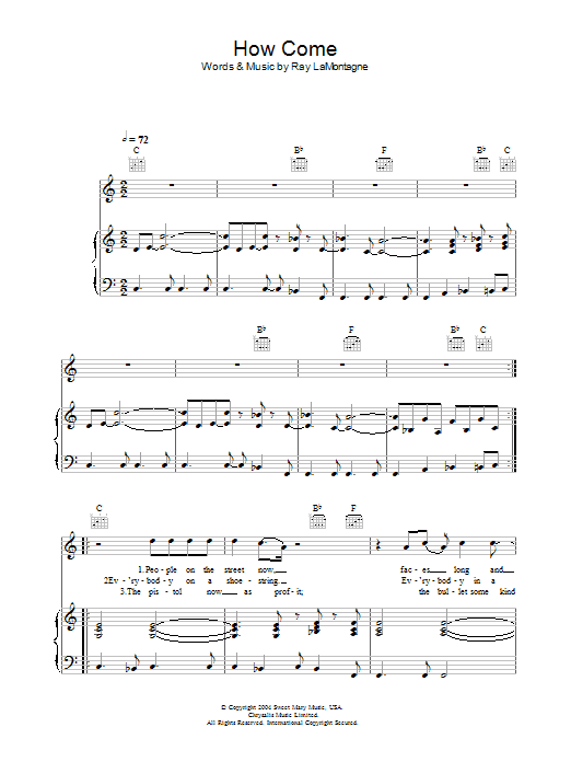 Ray LaMontagne How Come sheet music notes and chords arranged for Piano, Vocal & Guitar Chords