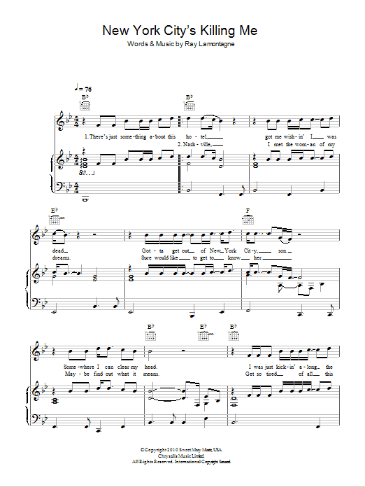 Ray LaMontagne New York City's Killing Me sheet music notes and chords arranged for Piano, Vocal & Guitar Chords