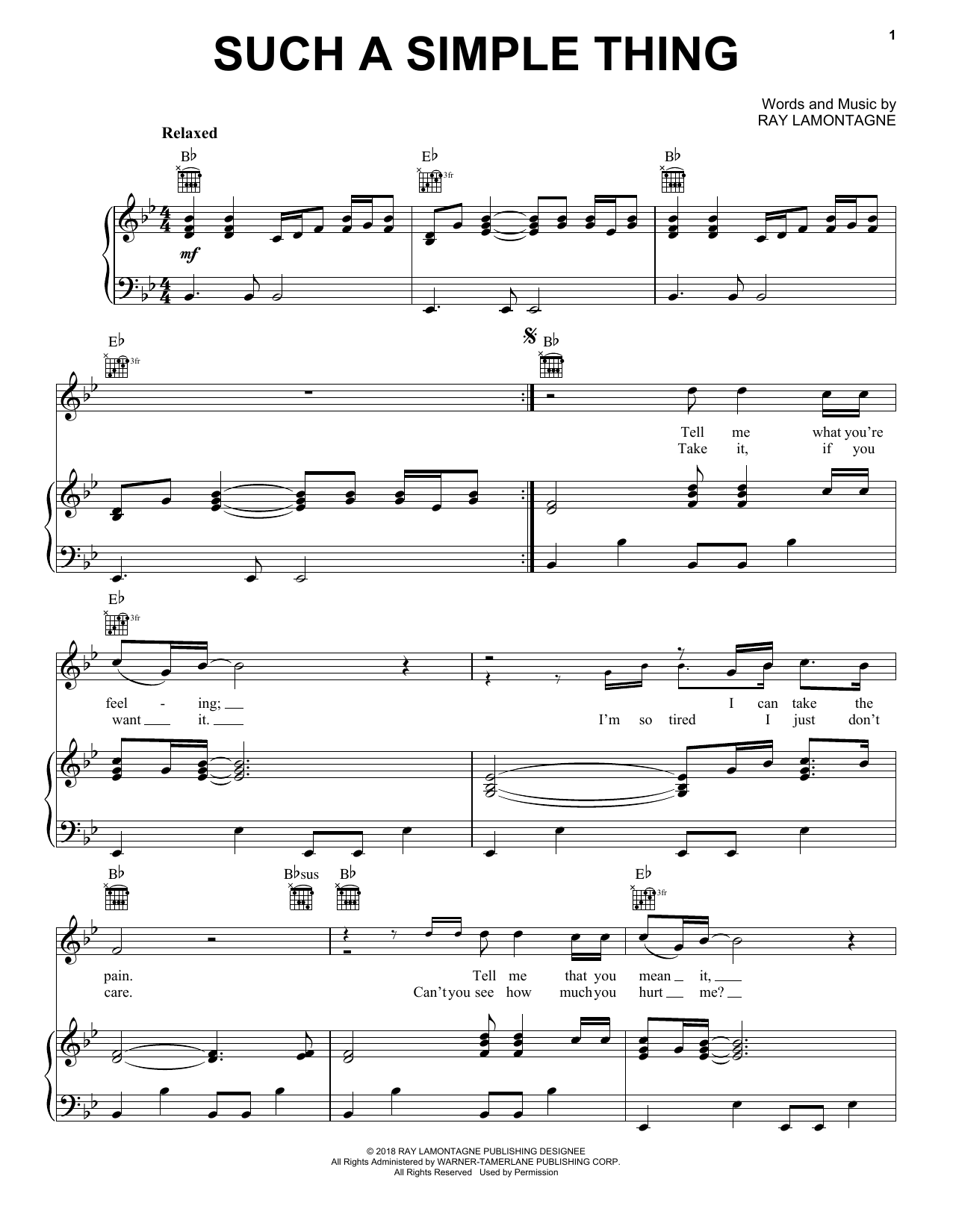 Ray LaMontagne Such A Simple Thing sheet music notes and chords arranged for Piano, Vocal & Guitar Chords (Right-Hand Melody)