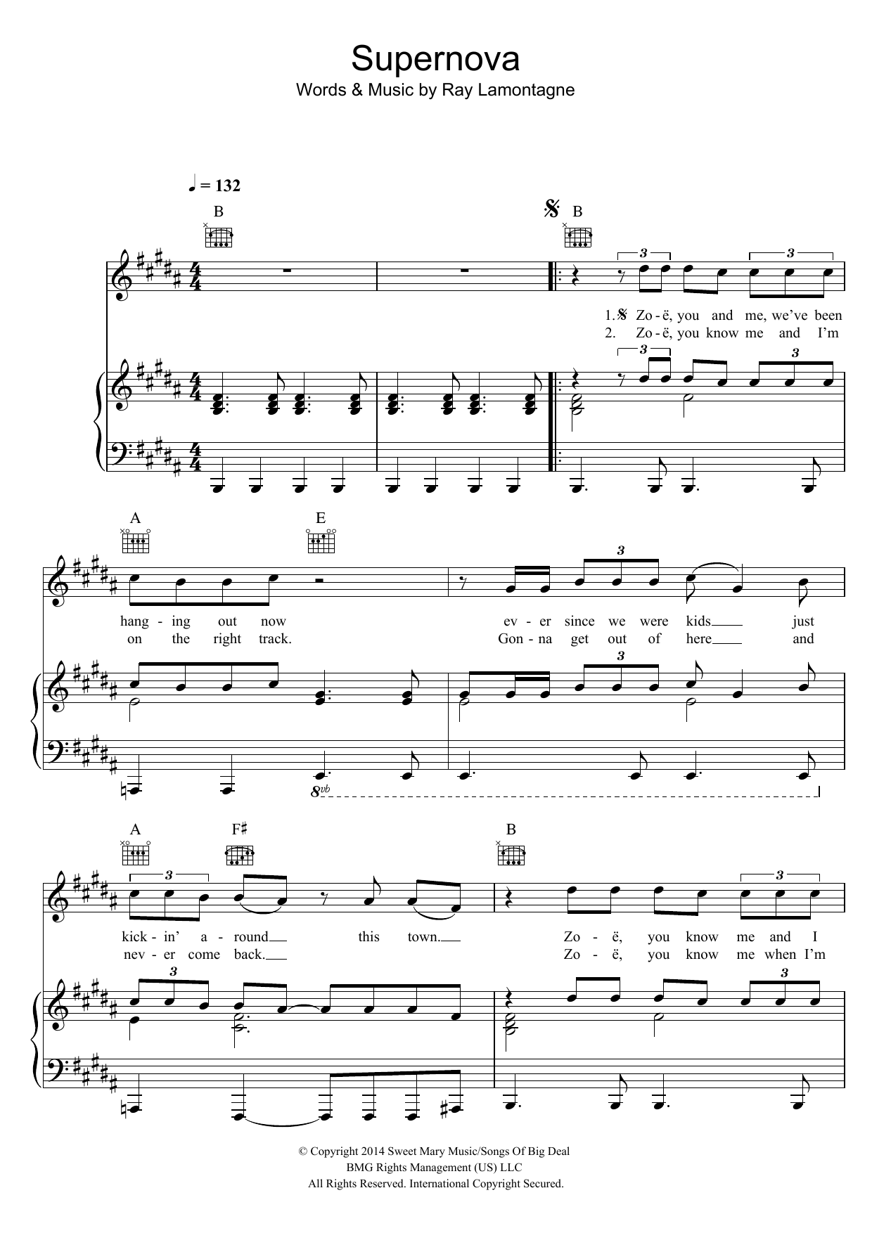 Ray LaMontagne Supernova sheet music notes and chords arranged for Piano, Vocal & Guitar Chords
