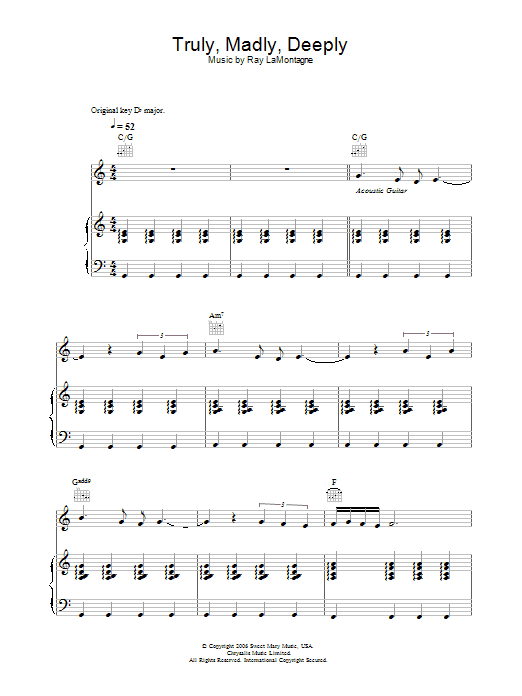 Ray LaMontagne Truly, Madly, Deeply sheet music notes and chords arranged for Piano, Vocal & Guitar Chords