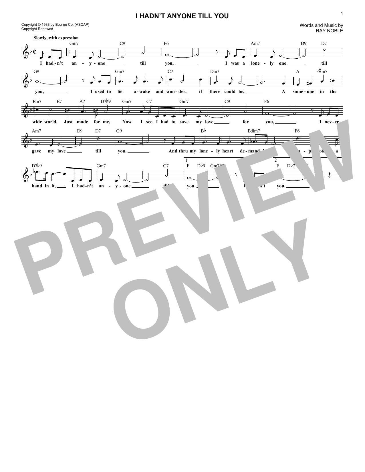 Ray Noble I Hadn't Anyone Till You sheet music notes and chords arranged for Lead Sheet / Fake Book