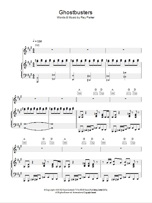 Ray Parker Ghostbusters sheet music notes and chords arranged for Piano, Vocal & Guitar Chords