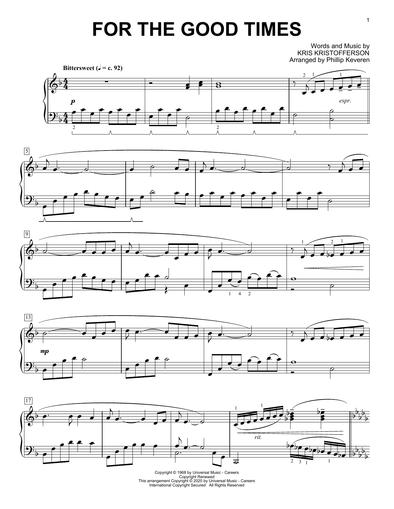 Ray Price For The Good Times [Classical version] (arr. Phillip Keveren) sheet music notes and chords arranged for Piano Solo